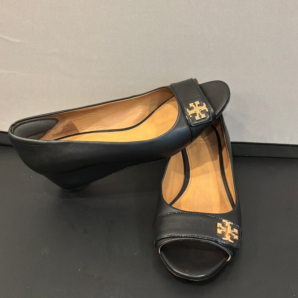 Tory Burch Black Leather Wedge Peep Toe Shoes Size 6